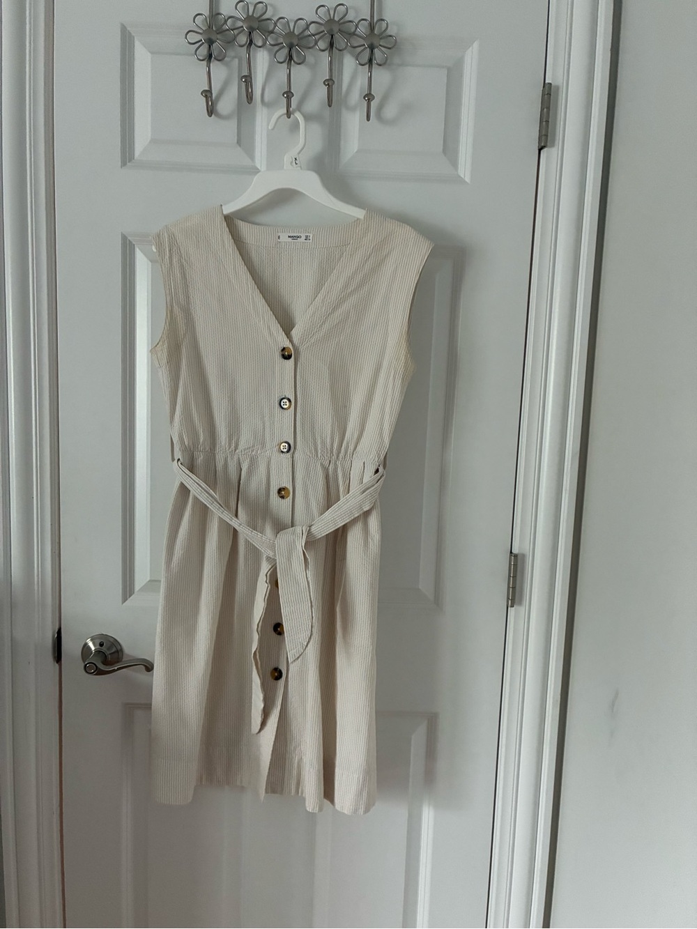 Mango Cream Sleeveless Button-Front Tie-Waist Midi Dress